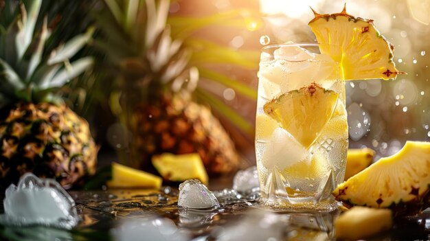 Coconut water with pineapple chunks and ice