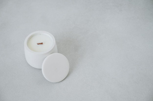 Coconut Wax Candle in White Concrete Cup with Lid Scented Candle for Interior View from Above