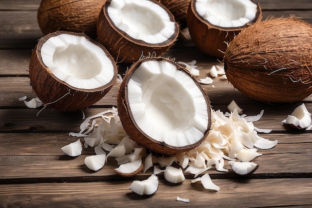 Coconut whole nuts scattered shavings of on wooden background