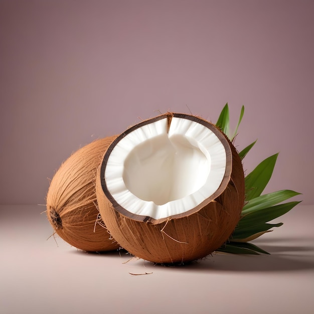 a coconut with a coconut on it sits on a pink surface