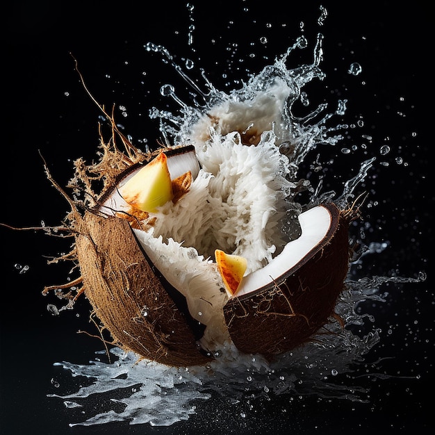 Photo a coconut with a coconut and a splash of water splashing around it