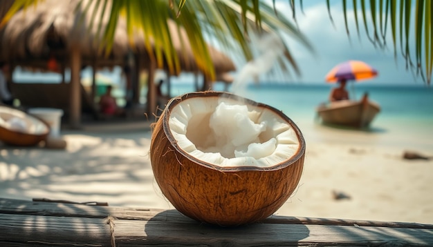 Photo a coconut with coconuts on a wooden table