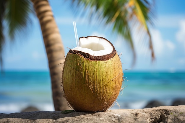 Coconut with drinking straw on a palm tree in the beach