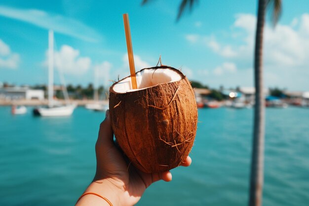 Photo coconut with drinking straw on a palm tree at the sea