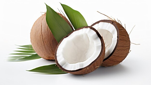 Coconut with half and leaves on white background