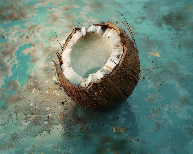 Photo a coconut with a hole in it and a piece of white shell with green leaves