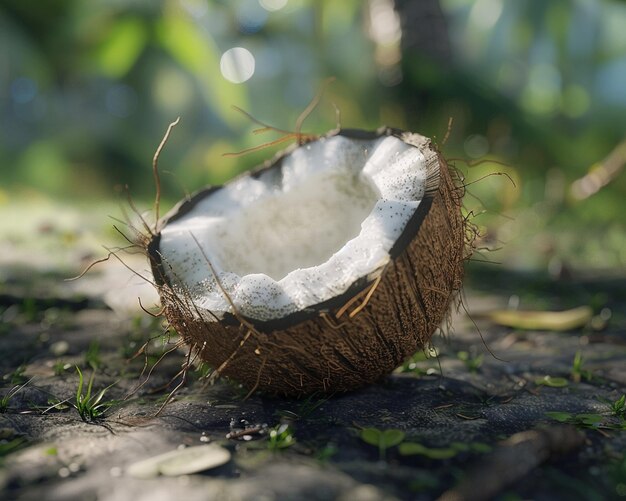 Photo a coconut with a hole in it and a piece of white shell with green leaves