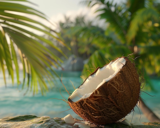 Photo a coconut with a hole in it and a piece of white shell with green leaves