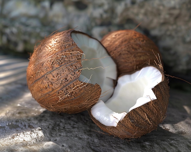 a coconut with a hole in it and a piece of white shell with green leaves