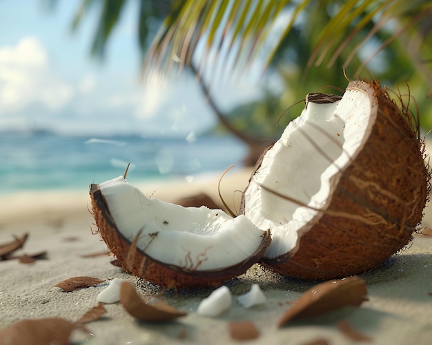 Photo a coconut with a hole in it and a piece of white shell with green leaves