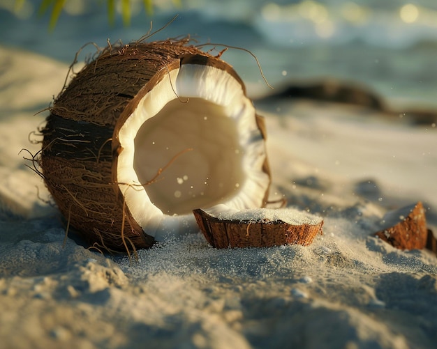 Photo a coconut with a hole in it and a piece of white shell with green leaves