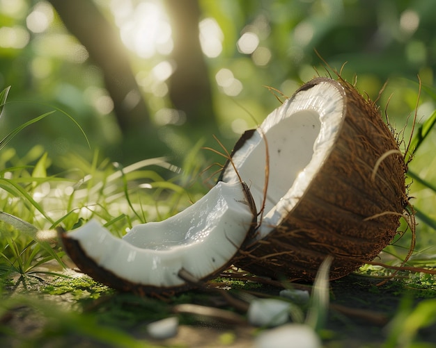 Photo a coconut with a hole in it and a piece of white shell with green leaves