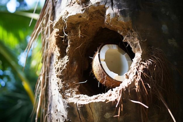 Coconut with a hole shell in the background Generative Ai