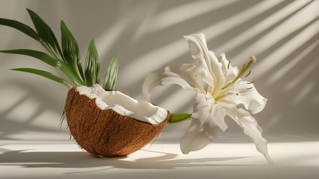 Photo a coconut with leaves and lily flowers on top of it