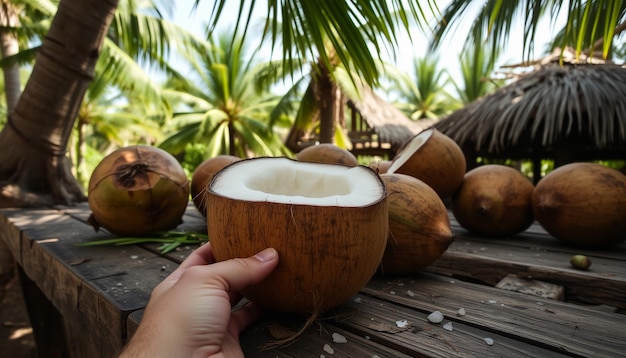 Photo a coconut with a person holding a coconut that is half full of coconuts