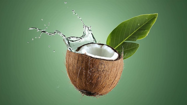 A coconut with a splash of water and a green leaf isolated on white background