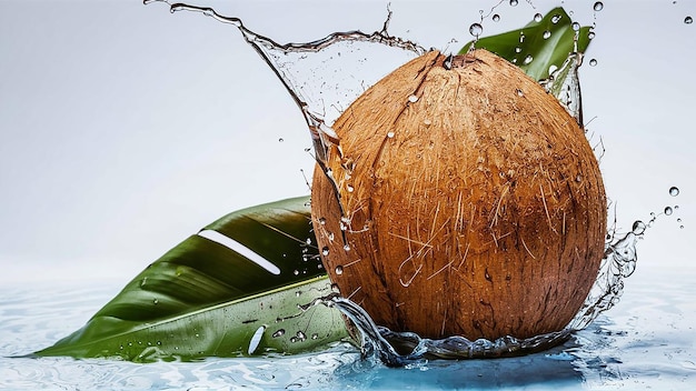 A coconut with a splash of water and a green leaf isolated on white background