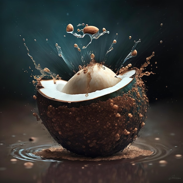 A coconut with a splash of water and a splash of liquid.