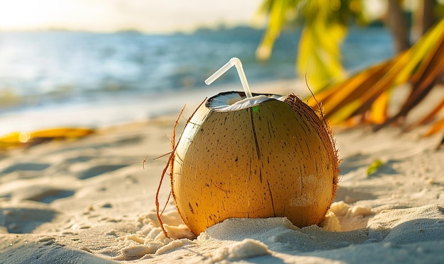 a coconut with a straw on it and a palm tree in the background