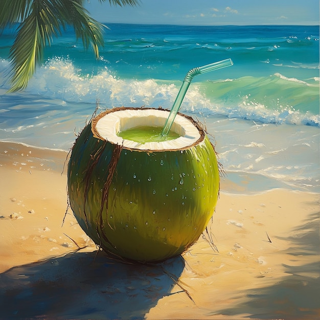 Photo a coconut with a straw in it sits on a beach