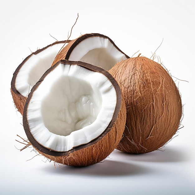 a coconut with a white shell and the bottom half showing the coconut