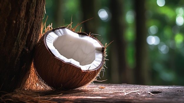 Coconut on wooden table with bokeh sun light background