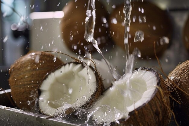 Photo coconuts are being splashed with water from a sprinkler generative ai