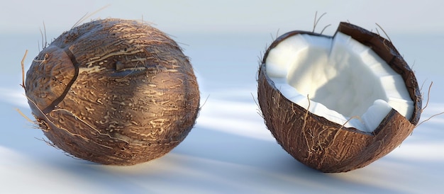 coconuts are displayed on a white surface