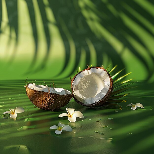 Photo coconuts are laying on the grass and a palm leaf is in the background