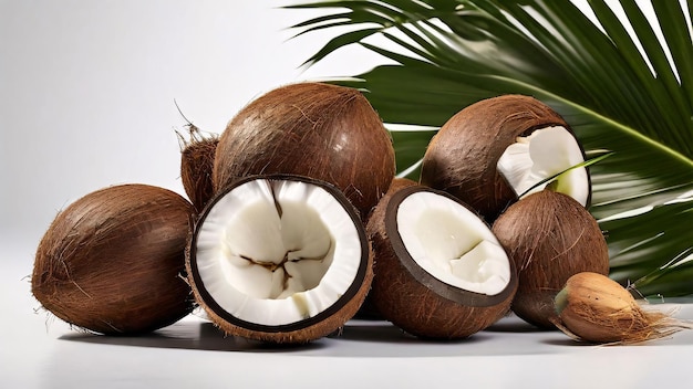 coconuts are lined up on a table with a white background