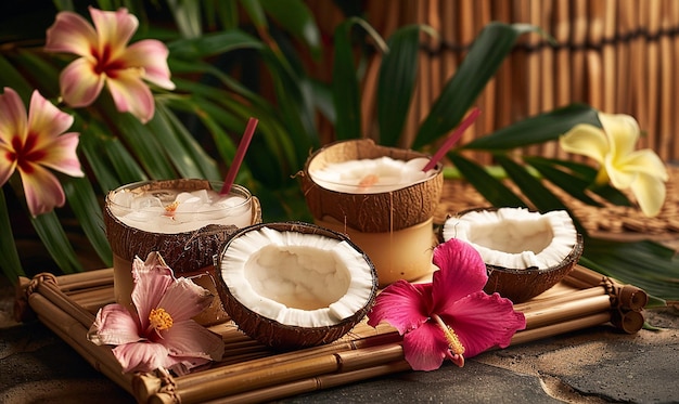 coconuts are on a table with flowers and a pink flower