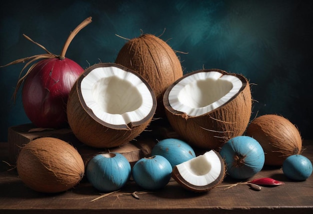 Photo coconuts are on a table with other coconuts