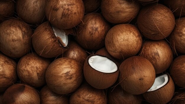 Coconuts artfully arranged together to form an inviting backgroundxA