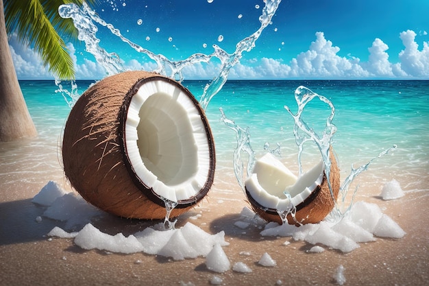 Coconuts on a beach with a blue sky in the background