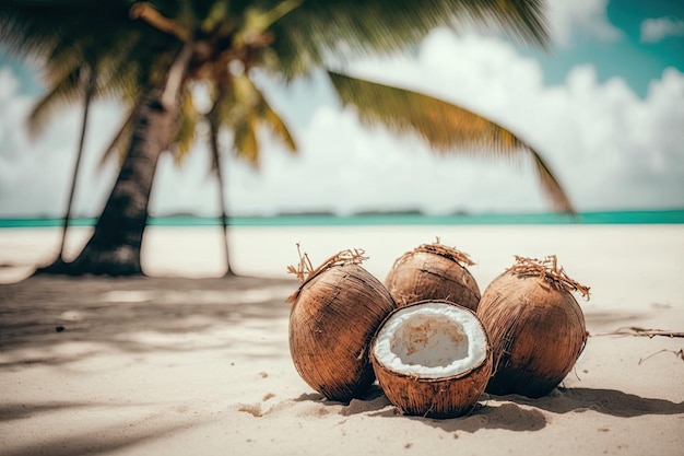 Coconuts on a beach with a palm tree in the background