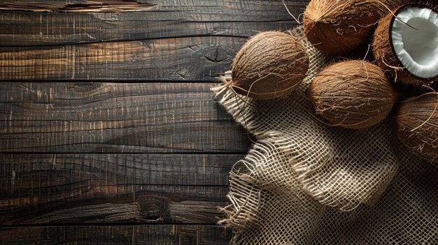 Photo coconuts on burlap fabric over wooden background with copy space