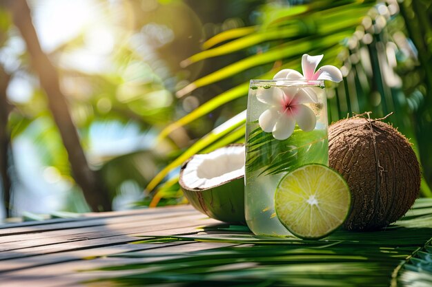 Photo coconuts and coconut drink are on a table