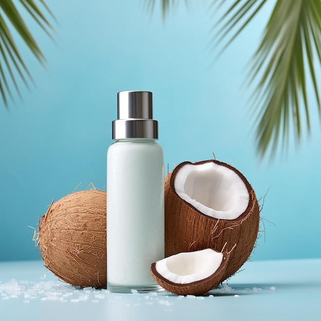 Photo coconuts and coconut oil are on a table with a palm tree in the background