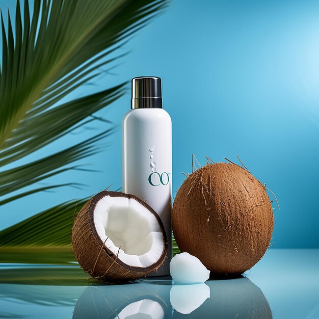 Photo coconuts and coconut oil are on a table with a palm tree in the background