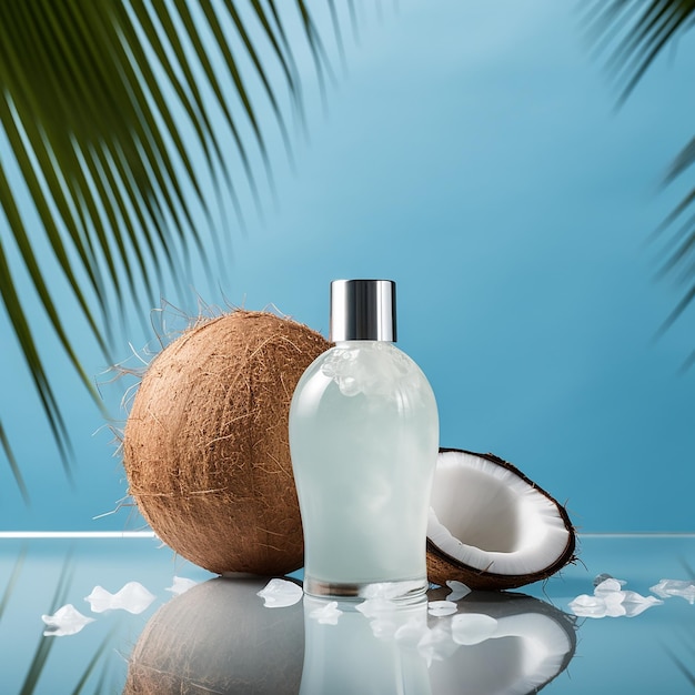 Photo coconuts and coconut oil are on a table with a palm tree in the background