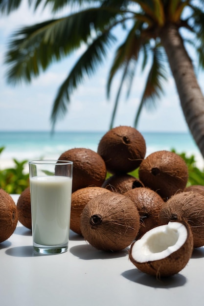 Photo coconuts and coconuts are on a table with coconuts