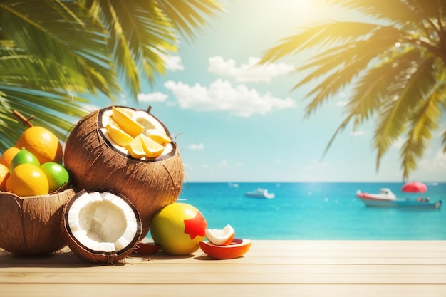 coconuts and coconuts on a table with a palm tree in the background