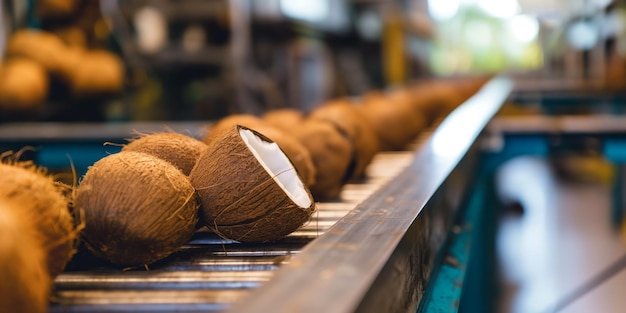 Photo coconuts on conveyor belt in processing factory for harvest and production