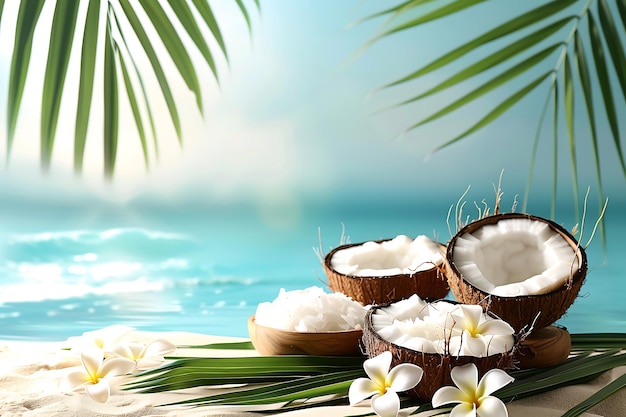 Coconuts fruit fresh and flower summer holiday coconut tree pile of sand on sand beach background