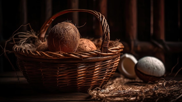 Coconuts fruits in a bamboo basket with blurred background