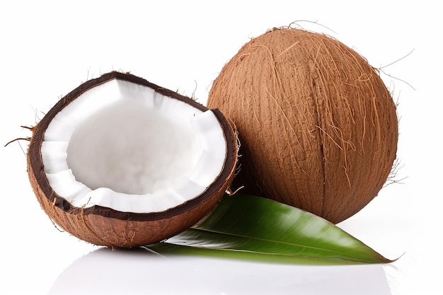 Coconuts and green leaf on a white background