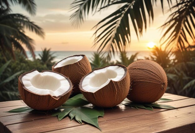 Photo coconuts on a table with palm trees in the background