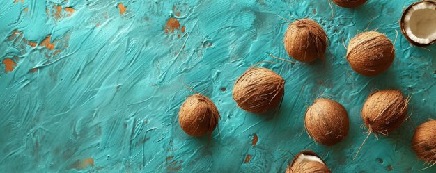 Coconuts on a textured turquoise background