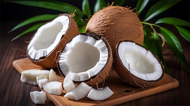 Coconuts on a tray with a plant in the background