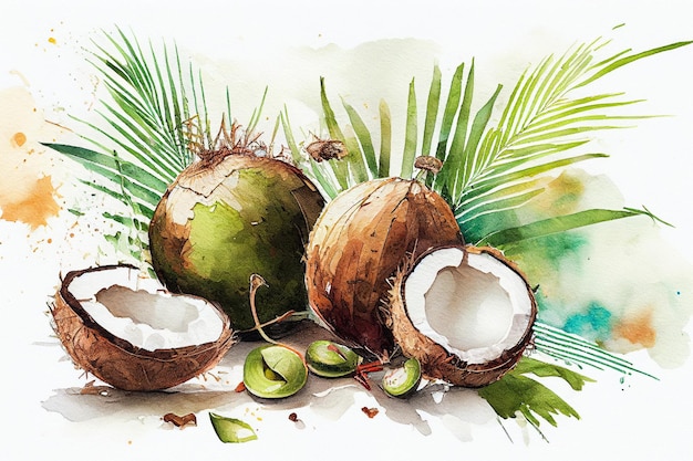 Coconuts watercolor AI generative illustration Summer tropical food background